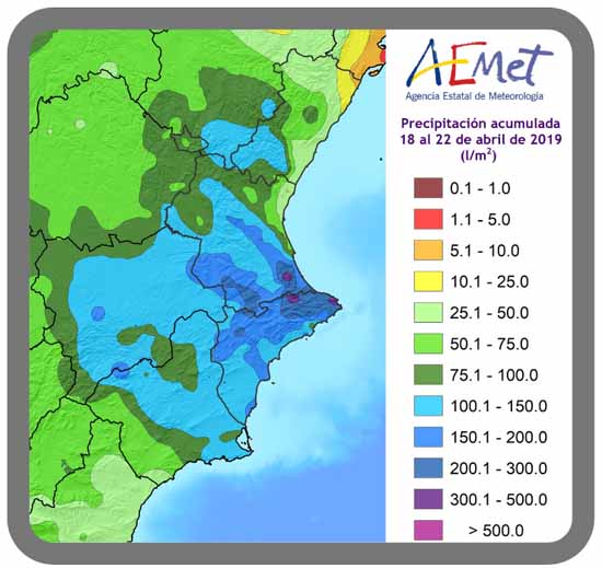Figura 2, precipitación acumulada del 18 al 22 de abril de 2019 (l/m2)