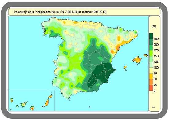 Porcentaje de precipitación acumulada en abril de 2019 en relación al periodo normal (1981-2010)