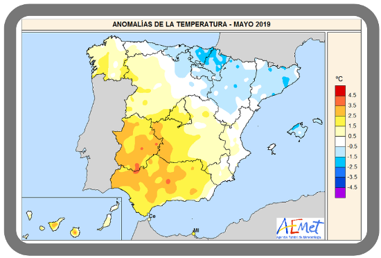 Anomalías de la temperatura de mayo de 2019 en relación al periodo normal (1981-2010)
