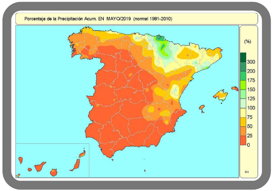Porcentaje de precipitación acumulada en mayo de 2019 en relación al periodo normal (1981-2010)
