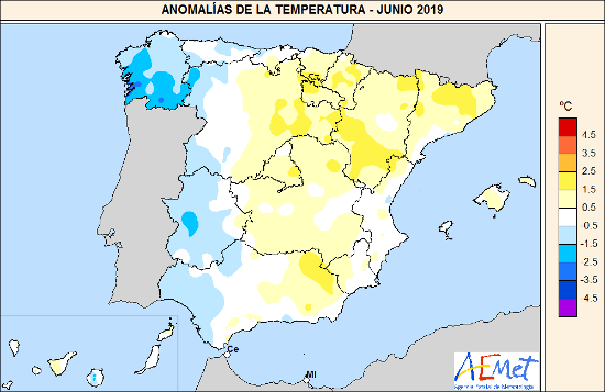 Anomalías de la temperatura de junio de 2019 en relación al periodo normal (1981-2010)