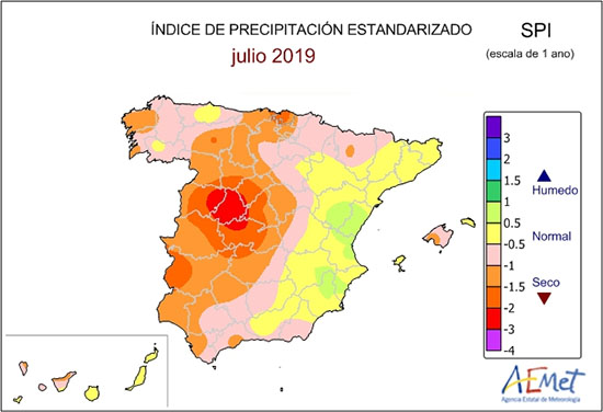 Mapa del índice de Precipitación Estandarizado a doce meses, que se usa para la cuantificación de la sequía meteorológica.