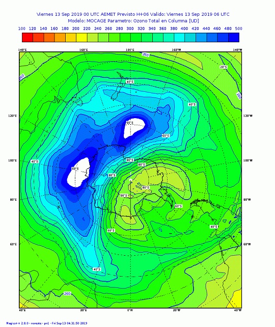 Predicción de Ozono Total en Columna (UD) para la región antártica generada en AEMET mediante el modelo de transporte químico MOCAGE (Mèteo-France) para el día 13 de septiembre de 2019 a las 06 UTC