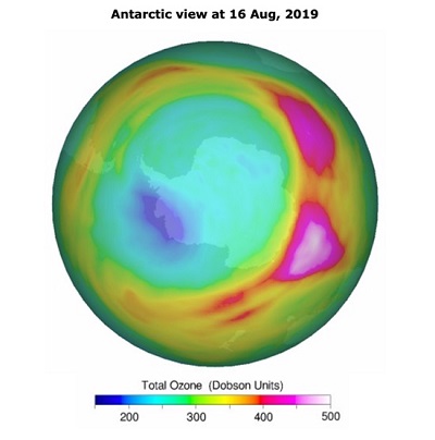 Agujero de ozono el día 16 de agosto asimilado con datos del satélite GOME2