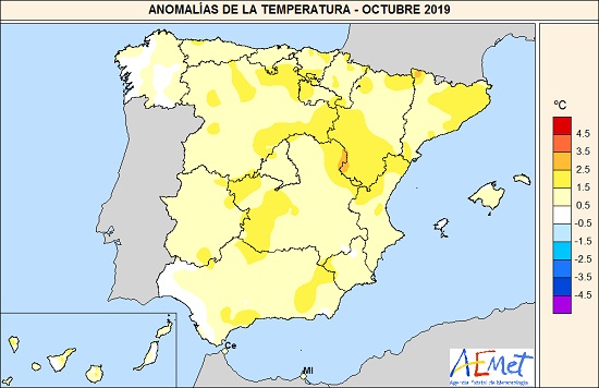 Anomalías de la temperatura del mes de octubre de 2019 en relación al periodo normal (1981-2010)