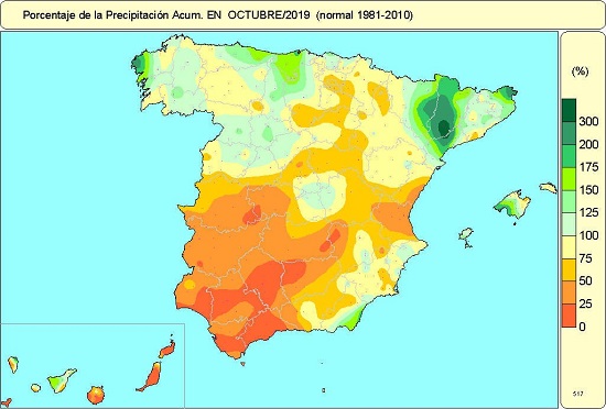 Porcentaje de precipitación acumulada en octubre de 2019 en relación al periodo normal (1981-2010)