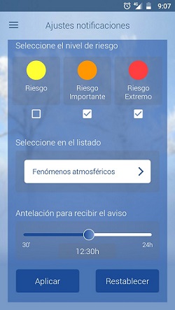 Pantalla de la app 'El tiempo de AEMET' para personalizar la notificaciones de fenómenos meteorológicos adversos