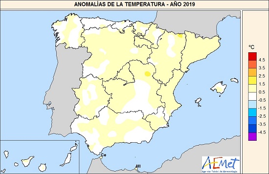 Anomalía de la temperatura en el año 2019