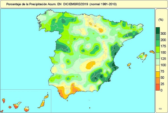 Porcentaje de precipitación acumulada en diciembre de 2019 en relación al periodo normal (1981-2010)
