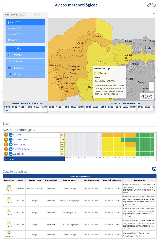 Ejemplo de la página de avisos meteorológicos en la que se presenta la información en forma de mapa y detallada en tablas para la zona y nivel de zoom geográfico seleccionado