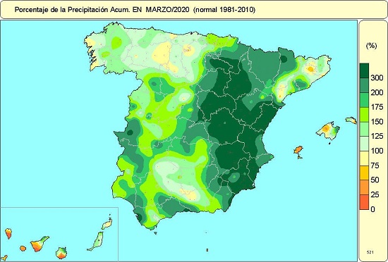 Porcentaje de la precipitación acumulada respecto al valor normal en marzo de 2020