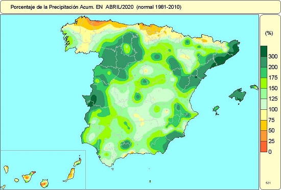 Porcentaje de la precipitación acumulada respecto al valor normal en marzo de 2020