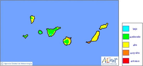 Ejemplo de mapa con niveles de riesgo de incendios forestales generados automáticamente por AEMET a partir de datos meteorológicos y de modelos numéricos de predicción del tiempo en las Islas Canarias y publicados en su portal web