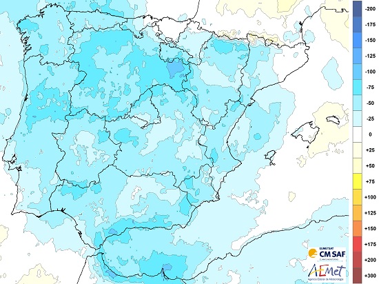 Anomalía de la insolación en el mes de abril de 2020 en la Península e Islas Baleares