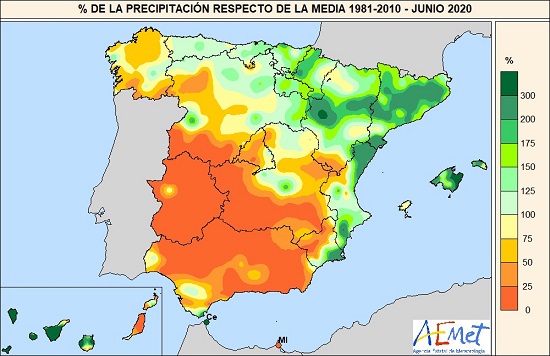 Porcentaje de la precipitación acumulada respecto al valor normal en junio de 2020