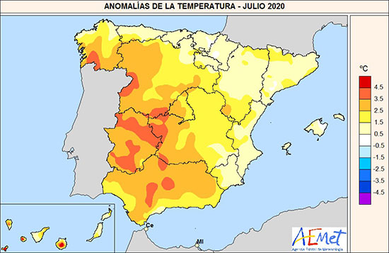 Anomalías de temperatura en España en julio de 2020