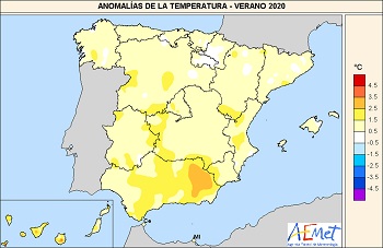 Anomalías de la temperatura en España durante el verano de 2020