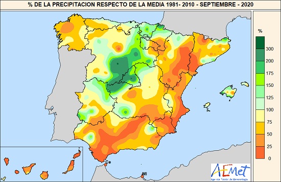 Porcentaje de la precipitación acumulada respecto al valor normal en septiembre de 2020