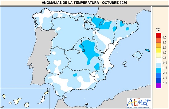 Anomalía de la temperatura en octubre de 2020