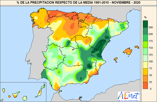 Porcentaje de la precipitación acumulada respecto al valor normal en noviembre de 2020
