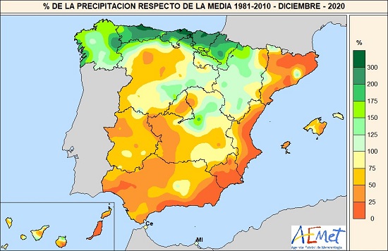 Porcentaje de la precipitación acumulada respecto al valor normal en diciembre de 2020