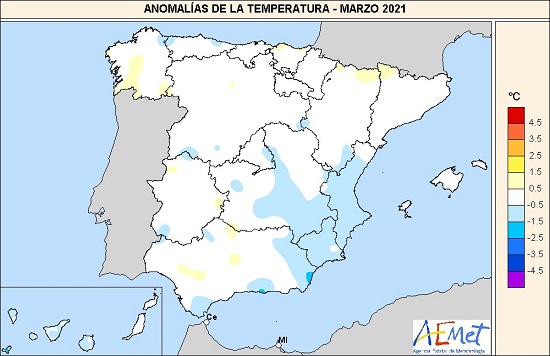 Anomalía de la temperatura en marzo de 2021