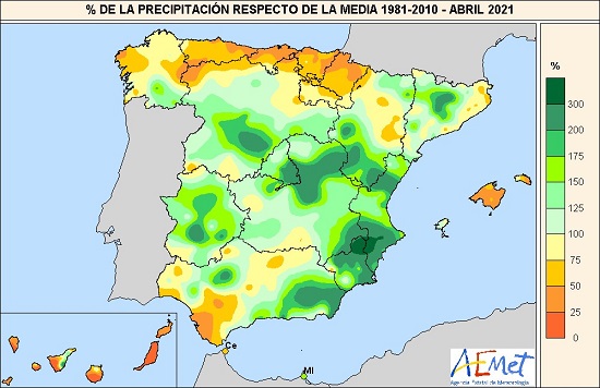Porcentaje de la precipitación acumulada respecto al valor normal en abril de 2021