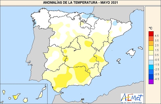 Anomalía de la temperatura en mayo de 2021