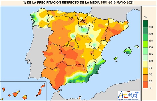 Porcentaje de la precipitación acumulada respecto al valor normal en mayo de 2021