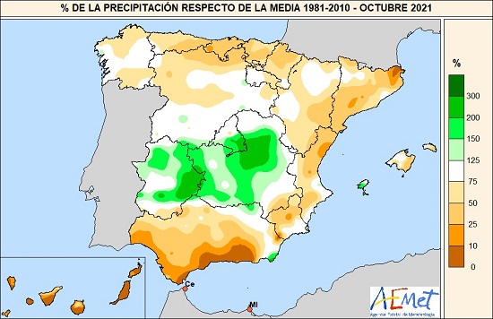 Porcentaje de la precipitación recogida en octubre de 2021 respecto de los valores normales