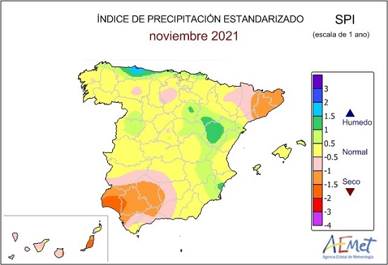 Índice de precipitación estandarizado (SPI) a un año calculado a finales de noviembre de 2021. Valores inferiores a -1 indican sequía meteorológica