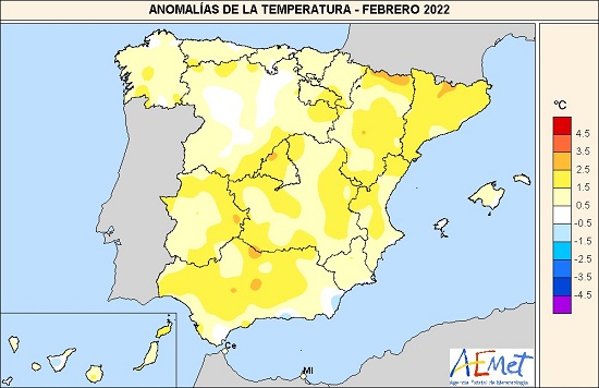 Anomalías térmicas en febrero de 2022