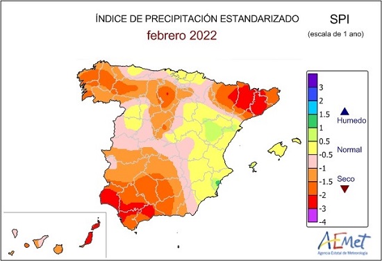 Índice de precipitación estandarizado (SPI) a un año calculado a finales de febrero de 2022. Valores inferiores a -1 indican sequía meteorológica