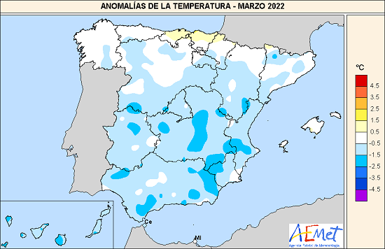 Anomalías térmicas en marzo de 2022