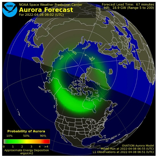 Ejemplo de información contenida en el nuevo portal: mapas que representan la probabilidad y la intensidad de las auroras previstas procedentes de la NOAA Space Weather Prediction Center