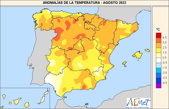 Anomalías térmicas en agosto de 2022