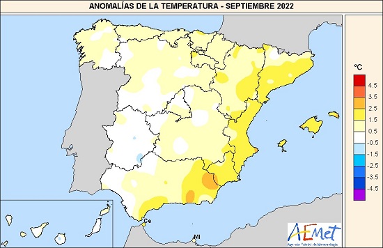 Anomalías térmicas en septiembre de 2022