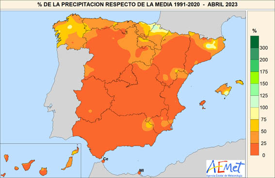 Porcentaje de precipitación respecto a lo normal en abril de 2023