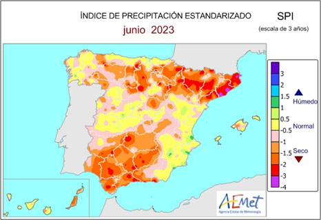 Índice de precipitación estandarizado (SPI) a tres años. Las zonas cuyo valor es inferior a -1 se encuentran en situación de sequía meteorológica.