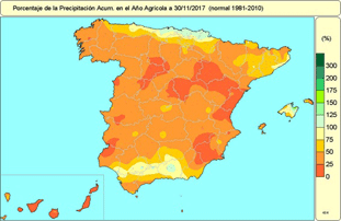 Serie de precipitaciones medias sobre España en el trimestre septiembre-octubre-noviembre (1965-2017)