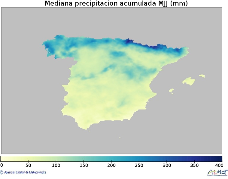 Mediana de la precipitación acumulada (mm) de la Península y Baleares