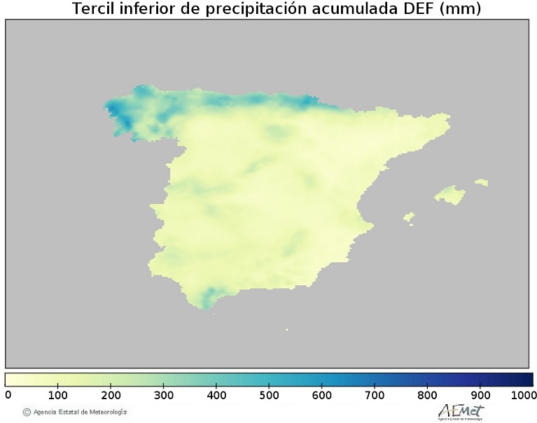 Tercil inferior de la precipitación acumulada (mm) de la Península y Baleares