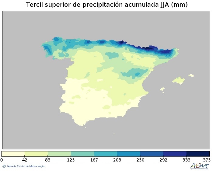 Tercil superior de la precipitación acumulada (mm) de la Península y Baleares