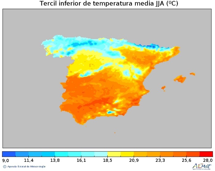 Tercil inferior de la temperatura media (ºC) de la Península y Baleares