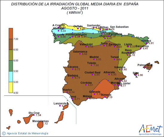 Distribución de la irradiación media global en España (agosto 2011)