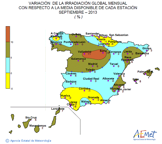Distribución de la irradiación media global en España (septiembre 2013)