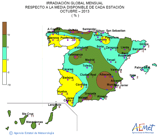 Distribución de la irradiación media global en España (octubre 2013)