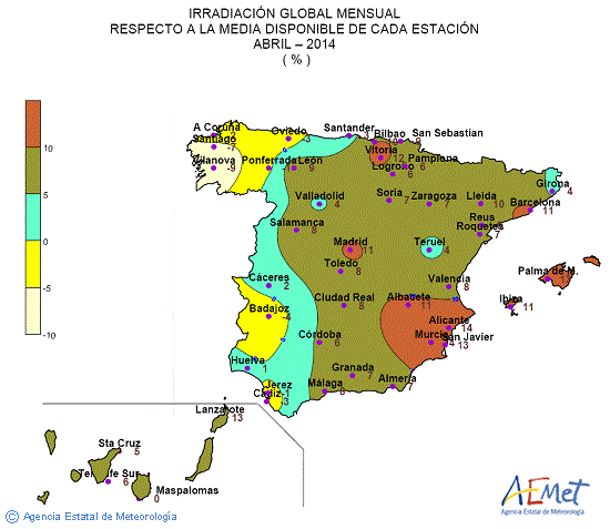 Distribución de la irradiación media global en España (abril 2014)