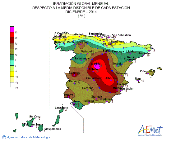 Distribución de la irradiación media global en España (diciembre 2014)