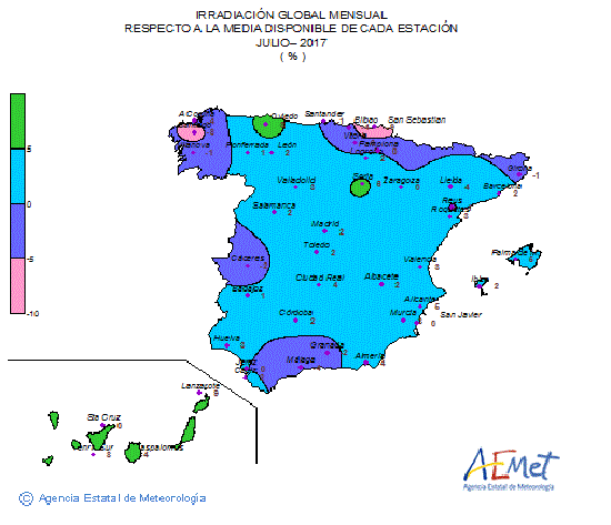 Distribución de la irradiación media global en España (julio 2017)